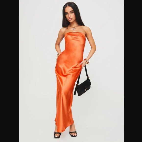 Princess Polly Dresses & Skirts - Princess Polly Citrus Kiss Orange Strapless Satin Maxi Dress 0